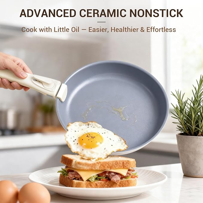 Ammeloo Ceramic Pots and Pans Set Non Stick, Non Toxic Cookware Set with Removable Handles, 18 Pcs Healthy Kitchen Cooking Set, Induction Ready, Dishwasher & Oven Safe, PFAS PFOA & PTFE Free