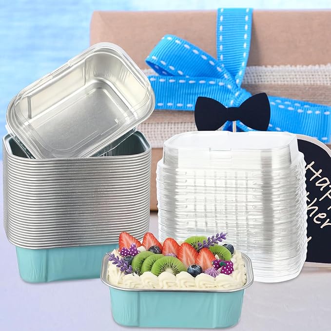 Vesici 100 Sets Mini Loaf Pans with Lids, 5.7 oz Disposable Aluminum Foil Baking Cups, Rectangle Cake Pans for Pudding Desserts Muffin Baking Storage Valentines Wedding Birthday Party(Powder Blue)