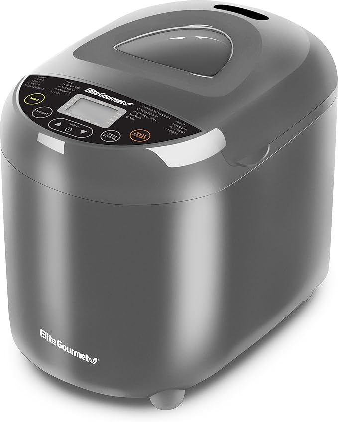 Elite Gourmet Programmable Bread Maker with PFAS Free Ceramic CERALAST™ Bread Pan & Kneading Blade, 19 Menu Functions Gluten-Free, White, Wheat, Rye, French & more, 2lbs, Gray