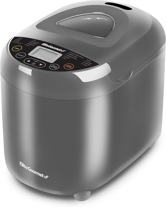 Elite Gourmet Programmable Bread Maker with PFAS Free Ceramic CERALAST™ Bread Pan & Kneading Blade, 19 Menu Functions Gluten-Free, White, Wheat, Rye, French & more, 2lbs, Gray