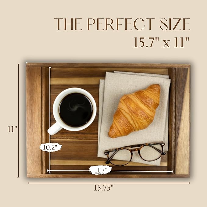 Acacia Wood Serving Tray - Large Wooden Tray for Ottoman - Rectangle Coffee Table Tray - Wooden Decorative Tray for Kitchen Counter, Dining Table, Breakfast - 15.7x11 (Japandi)
