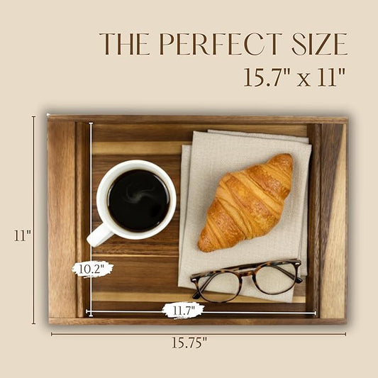 Acacia Wood Serving Tray - Large Wooden Tray for Ottoman - Rectangle Coffee Table Tray - Wooden Decorative Tray for Kitchen Counter, Dining Table, Breakfast - 15.7x11 (Japandi)