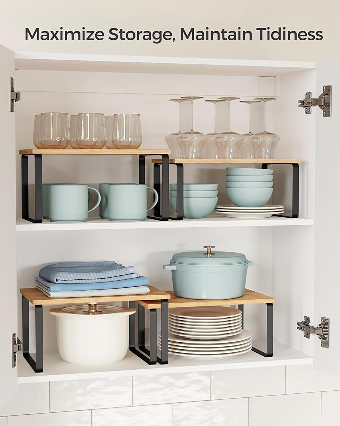 2 Pack Cabinet Organizers and Storage Shelf, Metal Kitchen Counter Shelves for Spice Rack & Pantry, Stackable Cupboard Organizer for Dishes, Plates, and Cans, Black