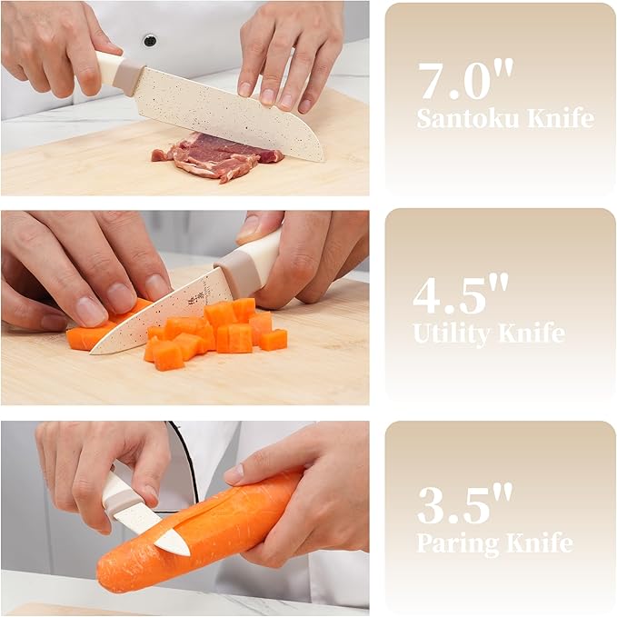 15Pcs Knife Set with Block, High Carbon Stainless Steel Kitchen Knife Set with Ceramic-Coated Blade, Sharp and Durable, Hundreds of Years of Masterful(Cream)