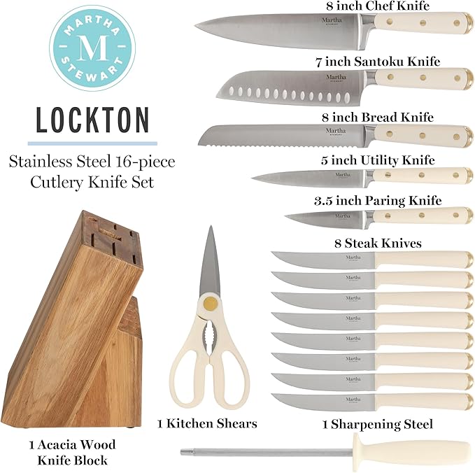 Martha Stewart 16 Piece Lockton High Carbon Stainless Steel Cutlery Kitchen Knife Block Set W/ABS Tripe Riveted Forged Handle Acacia Wood Block - Linen White W/Gold