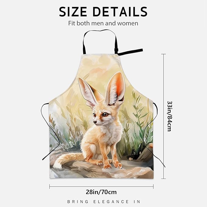 Adorable Fennec Fox Apron for Women Men, Cooking BBQ Chef Polyester Lightweight Cute Animal Aprons with Pockets for Baking Kitchen Gardening Cleaning, Adjustable Neck Strap, 28×33inch