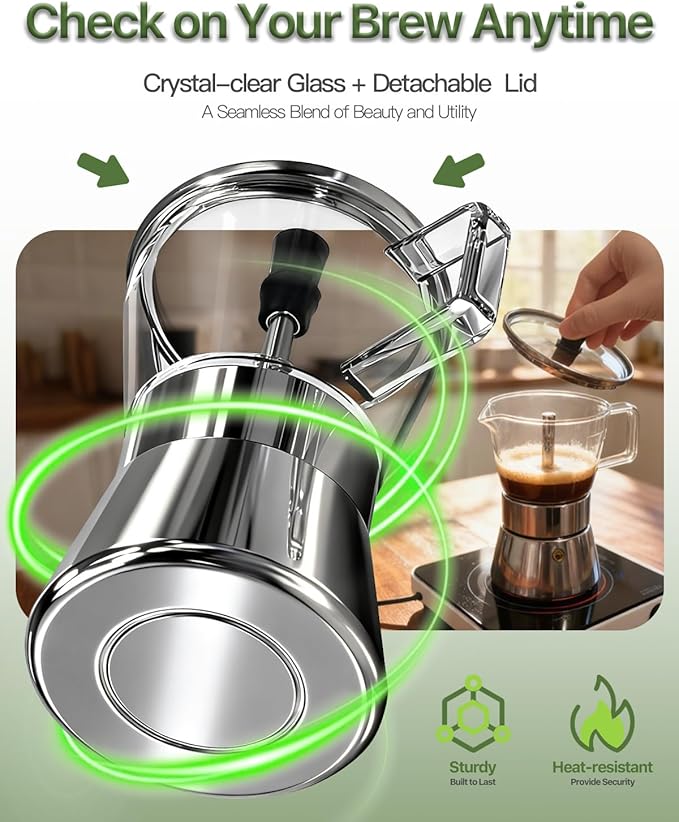 Grasseed Crystal Glass-Top Moka Pot, Polished Stainless Steel Stovetop Espresso Maker for Italian Coffee - 6 Cup/240ml/8.4oz
