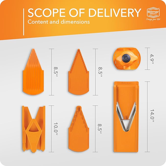 Börner Mandoline Slicer V3 (Starter Set) • V-Slicer for 5 Cutting Styles with Fruit Holder • Adjustable Vegetable Slicer for Vegetables & Fruits • Stainless Steel V-Blade • Color: Orange