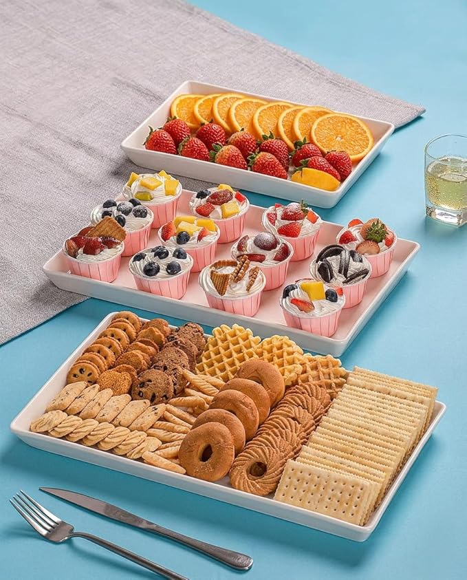 Delling Large Serving Platter, 16/14/12 Inch Rectangular Serving Trays for Serving Food, Serving Tray for Party - Set of 3, White