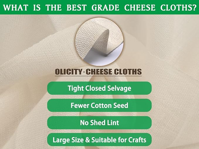 Olicity Cheese Cloths, Grade 100, 36 Sq Feet, Reusable Cheese Cloth with Closed Edges Fabric Fine Mesh Cloth, Unbleached Cotton Muslin Cheesecloth for Straining,Bread,Tea,Crafts,Free Cutting - 4 Yards
