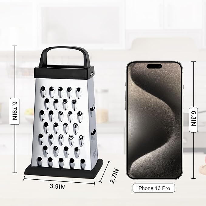 Cheese Grater, Mini Size 4-Sided Stainless Steel Grater, Food Shredder for Cheese, Parmesan, Vegetable, Dishwasher Safe, Black