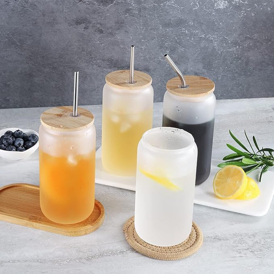 Sublimation Glass Blanks with Bamboo Lid 4pc Set, 16oz Frosted Glass Cups with Lids and Straws, Beer Can Glass Tumblers, Iced Coffee Soda Drinks Beer Cups