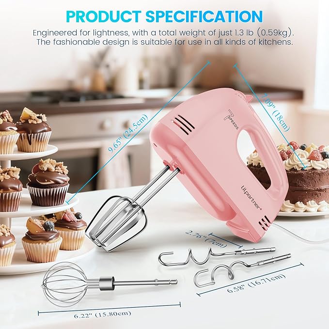 LILPARTNER Hand Mixer Electric, Small Food Mixer 7 Speeds Handheld Blender,304 *(1* Whisk, 2* Beater, 2*Dough Hook) Kitchen Blender for Cream, Cookies, Dishwasher Safe, Pink