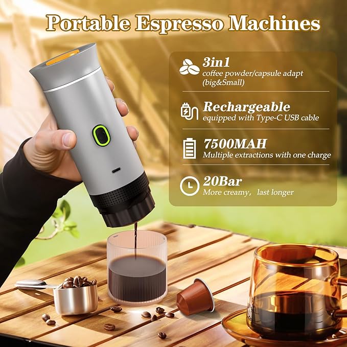 Lmozim Portable Coffee Maker, Espresso Machine for camping, Travel Coffee Maker with USB-C, 3-in-1 Small Espresso Machine with Ground Coffee & Capsules (NS＆DG) for RV, Hiking, Office(Silver)