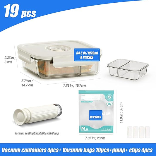 19 PCS Vacuum Sealer, Handheld Manual Vcuum Pump For Borosilicate Glass Vacuum Storage Containers, 2 Compartment | Airtight |Vacuum Seal, 4-Packcontainers(34.5 Oz), 10 Reusable Food Saver Sealer Bags