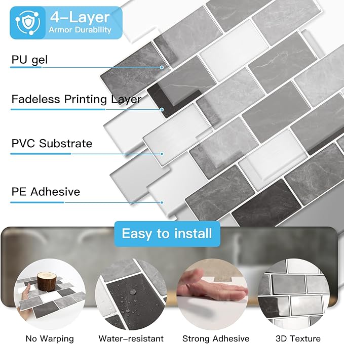 Art3d Peel and Stick Granite Wall Tiles – 12"x12" Thicker Design Backsplash, Self-Adhesive Tile for Kitchen & Bathroom Decor