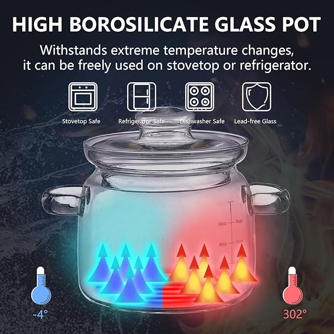 Jjojcll 2.3L(75oz) Glass Cooking Pot with Lid，Handmade Borosilicate Glass Stockpot with Graduations - Glass Saucepan with Cover for Cooking and Serving