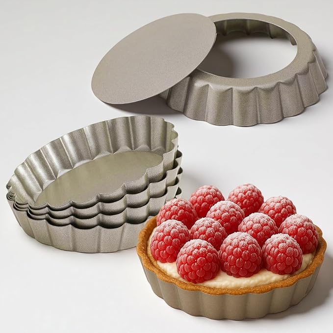 Yamteck 4 Inch Mini Quiche Pans Gold 6 Pack. Egg Tart Molds w/Removable Bottom, Non-Stick Coating, Rugged Carbon Steel for Small Tart Quiche Pie Making. Gift for Women Christmas Thanksgiving Festival
