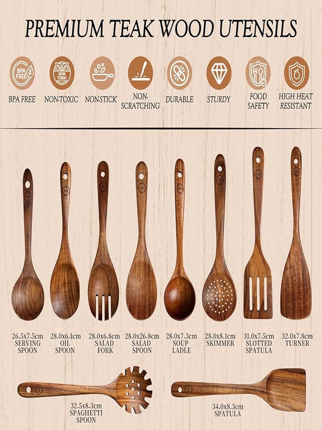 100% Natural Teak Wood Wooden Utensil Set – 10 Pcs Durable Kitchen Spoons for Cooking – Non-Stick & Heat Resistant, Eco-Friendly & Comfortable Grip