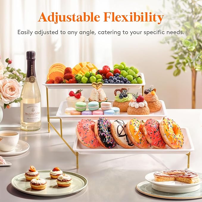 Lifewit 3 Tier Serving Tray for Party, 36 x 17 cm/14 x 6.5 Plastic Serving Platters, White Tiered Tray Stand with Gold Collapsible Metal Stand, Decorative Dessert Table Display Set for Buffet