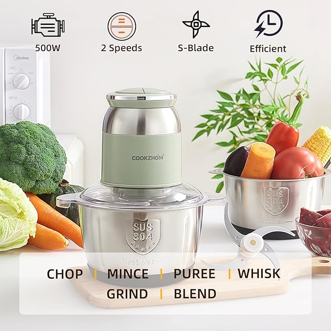 COOKZHOM Green Food Processor,500W Electric Meat Grinder with 8 Cup Stainless Steel Bowl and 4 Sharp Blades, Food Chopper & Vegetable Chopper for home use,Meat Processor, Vegetables, Fruits and Nuts