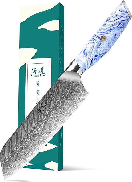 SHANGDAO Damascus Santoku Knife 7 Inch kitchen knife, Ultra Sharp with Japanese Damascus Forged Santoku Knife, Ergonomic Resin Handle, cooking gifts with gift box