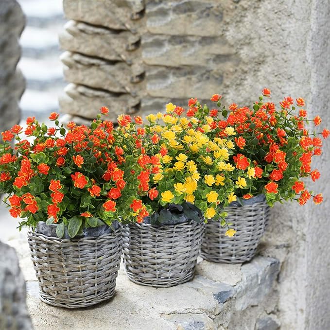 10PCS Artificial Flowers, Fake Artificial Greenery UV Resistant No Fade Faux Plastic Plants for Wedding Bridle Bouquet Indoor Outdoor Home Garden Kitchen Office Table Vase(Orange Red)
