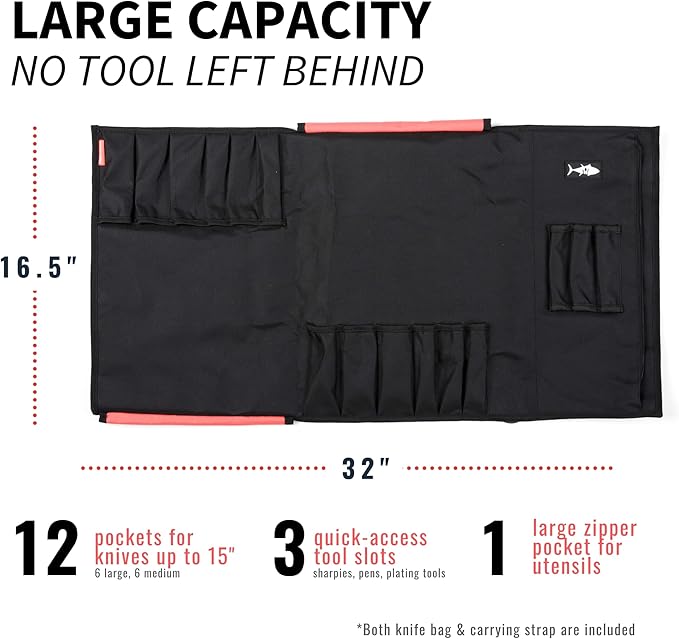 Chef Knife Roll Bag – Premium Nylon Chef Knife Bag for Professionals, Culinary Students & Home Cooks – Secure Storage & Portable Design for Chef Knives & Accessories (Black)