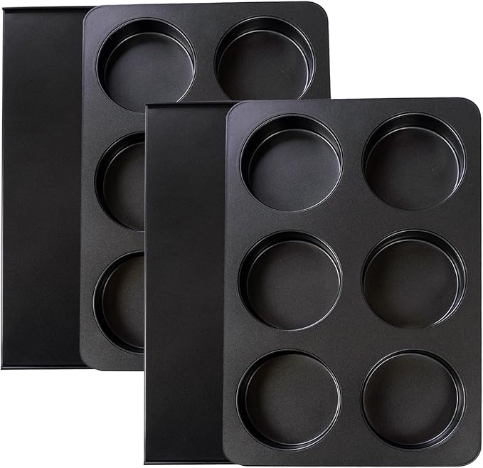 Elesinsoz 2 Pcs Muffin Top Pan with Lid, 3.6 Inch Non-Stick 6 Cup Straight Muffin Pan Cupcake Pan, Hamburger Bun Pan for Baking Egg Sandwich Frittata Cinnamon Roll