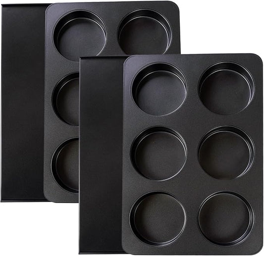 Elesinsoz 2 Pcs Muffin Top Pan with Lid, 3.6 Inch Non-Stick 6 Cup Straight Muffin Pan Cupcake Pan, Hamburger Bun Pan for Baking Egg Sandwich Frittata Cinnamon Roll