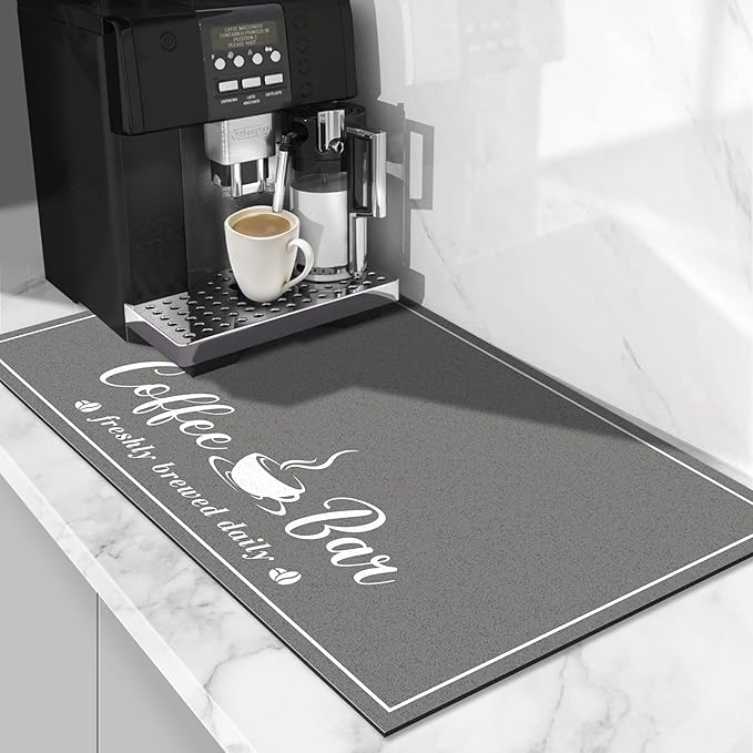 Absorbent Coffee Mat, Fashion Dish Drying Mat for Kitchen Counter Coffee Bar Accessories Espresso Machine Dish Rack 12" x 20" Dark Grey