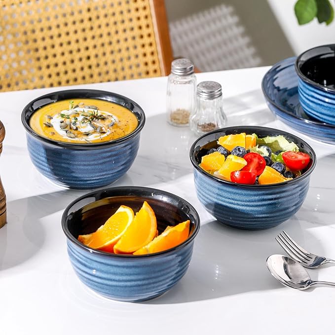 MEKY Soup Bowl, 20 OZ Porcelain Cereal Bowls Set of 6 Perfect for Pasta, Snack, Oatmeal, Rice, Salad,and Ice Cream, Stackable & Durable Bowls for Kitchen, Microwave & Dishwasher Safe, Blue