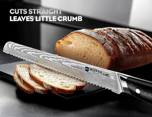 WIZEKA 10 inch Damascus Serrated Bread Knife for Homemade Bread: Razor Sharp VG10 Damascus Steel Multifunction Serrated Knife for Slicing Homemade Bread, Bagels, Cake