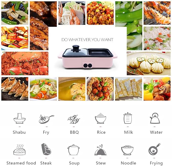 Hot Pot with Grill,2 in 1 Indoor Non-Stick Electric Hot Pot and Frying Pan,Independent Temperature Control,Portable Smokeless Korean BBQ Grill for Indoor Outdoor Party, 11.4 x 8.7 x 4.3