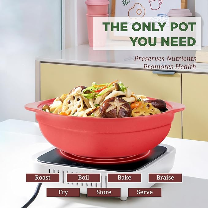 MINH LONG 3-Qt Porcelain Dutch Oven with Lid – Lead & Cadmium Free, Oven Safe to 482°F, Heat Retention, Clay Pot for Cooking on Gas & Infrared Cooktop, Use to Marinate, Cook, Bake, Refrigerate & Serve