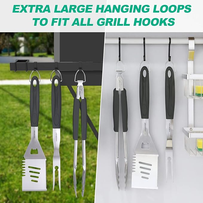 HAUSHOF Large Grill Accessories Heavy Duty BBQ Set Gifts for Men/Women - Premium Stainless Steel Spatula, Fork & Tongs, Barbecue Utensils Tool Kit Gift for Grilling Lover Outdoor (Color Box)