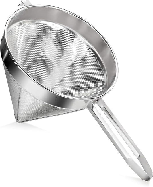 Soro Essentials- 12" Stainless Steel China Cap Strainer Fine Mesh- Cone Shaped Strainers Food Strainer Juice Strainers Kitchen Tools Food for Straining Seeds Beans Sauces Home Kitchen