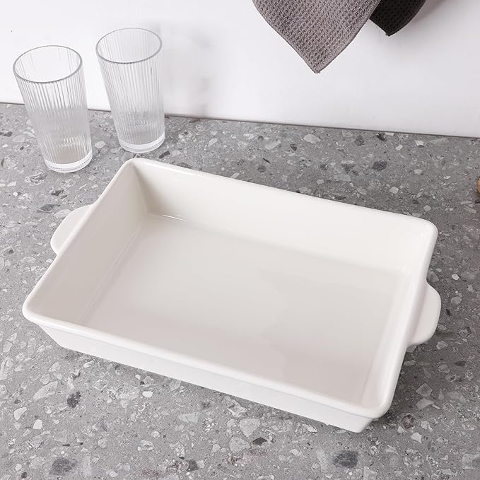 GDCZ Ceramic Baking Dish with Handles,Lasagna Pan Deep Large Serving Bakeware fo Cooking. Freezer Safe (White)