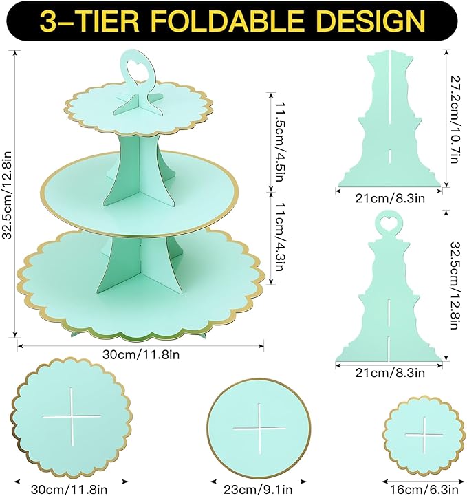 Soleebee 3-Tier Cupcake Stand, Cardboard Cupcake Tower, Cup Cake Stand Tower for Birthday Wedding Party Decoration, Cupcake Tier Stand Desserts Display 2 Set (Green Gold)