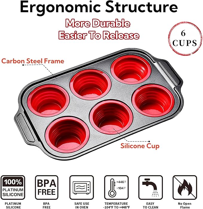 YiYeraio Silicone Muffin Pan, 6 Cups Muffin Pans for Baking with Metal Frame, Cupcake Pan, Egg Bite Molds, Muffin Tin Tray Easy to Pop Nonstick Non Toxic Bakeware for Oven