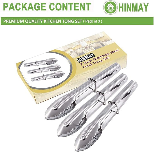 Small Stainless Steel Serving Tongs 7-Inch Salad Tongs, Set of 3 (Silver)