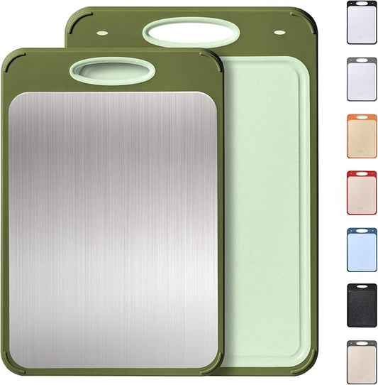 2 in 1 Stainless Steel Cutting Board with Handle 2 Packs Metal Chopping Board Solid Thick Wood Juice Groove Chopping Board Small Big Xl XXl xlarge Oversized Kitchen Counter Organic Vegetable Meat Kit