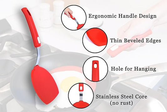Wide Silicone Pancake Spatula – Large Heat-Resistant Turner for Cooking | Nonstick Safe | Stainless-Steel Reinforced Core & Easy-Grip Handle