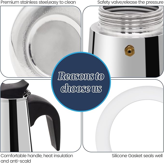 Supvision 2 Cup Moka Pot Stainless Steel 100ml Italian Espresso Coffee Maker Stovetop Coffee Makers Mocha Pot Percolator Greca Coffee Maker for Induction Stove Portable for Easy Brewing Straight