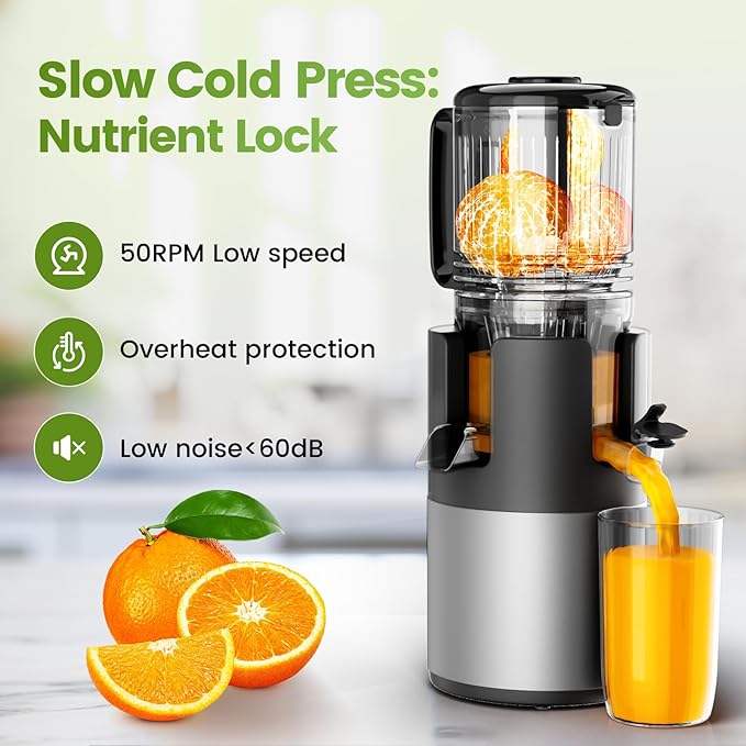 Cold Press Juicer Machines, High Nutrient Retention, 99% Juice Yield, 5.3" Wide Feed Chute for Whole Fruits & Vegetables, Quiet Slow Masticating Juicer, BPA-Free, Easy to Clean
