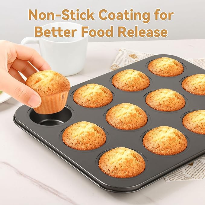 Artcochan 2 Pack Muffin Pan Set,12 Cup Nonstick Carbon Steel Cupcake Pan with 100 Liners,Standard Muffin Tin for Cupcakes and Baking Supplies