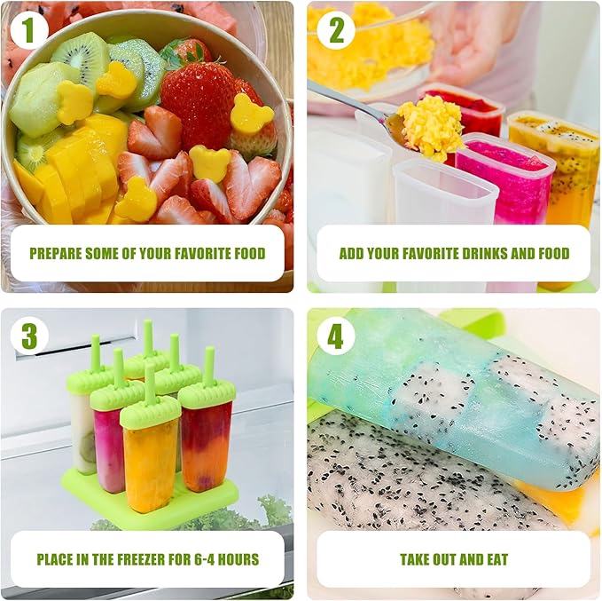 New Resunable Popsicles Molds,Pack of 6 Pce Ice Popsicle Maker- Food Grade BPA Free,Easy-Release Ice Pop Molds,Diy Homemade Popsicle Molds with Resunable Popsicle Sticks (Green)