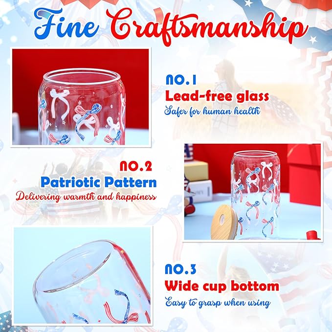 Sliner 2 Pcs Veterans Day Glass Cups Patriotic Bow Gifts Drinking Tumbler 16 oz Iced Coffee Cup with Lid Straw Cleaning Brush for 4th of July Independence Day Summer Home Office Decorations