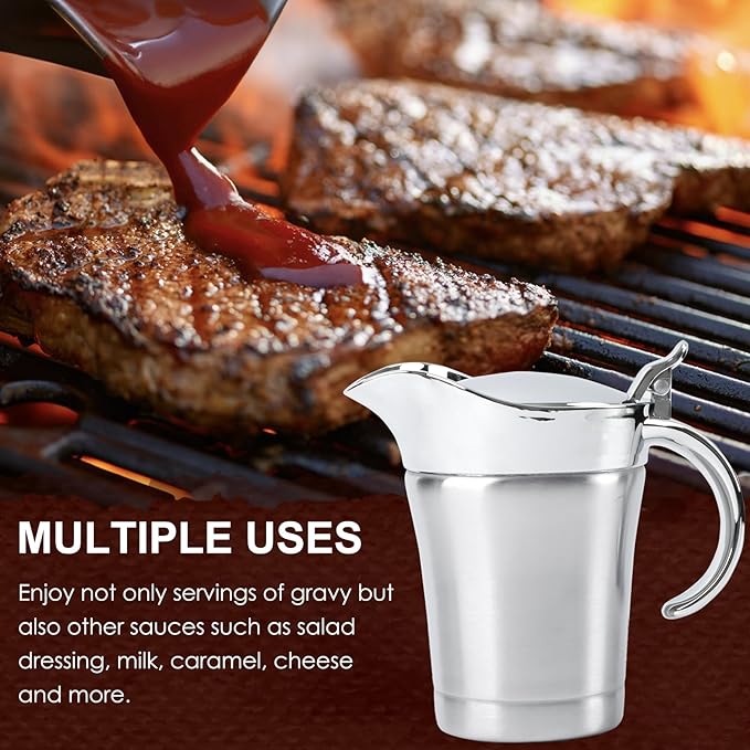 Double Insulated Gravy Boat, 18/8 Stainless Steel Sauce Jug Gravy Boat with Hinged Lid - Ideal for Gravy or Cream at Thanksgiving, Halloween, Christmas, Dishwasher safe (750ML/26 OZ)