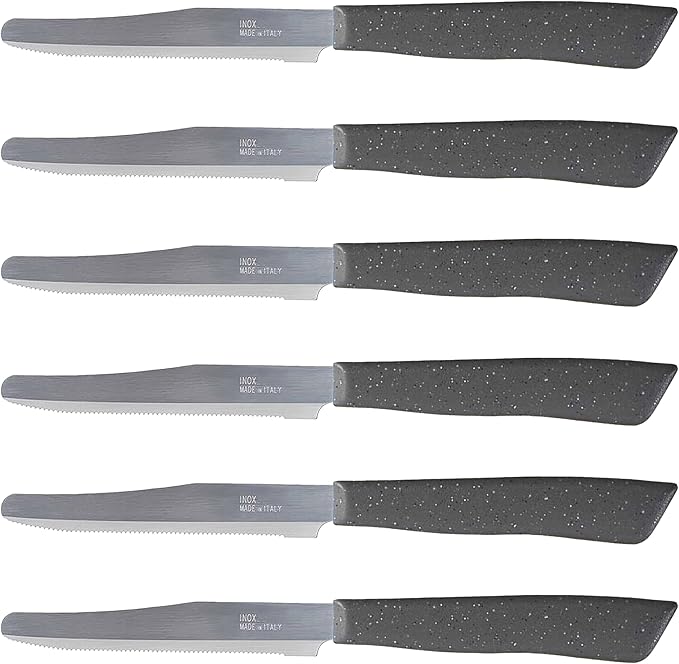 Tredoni 6 kitchen Knives - 4.3"/11cm Italian Stainless Steel Serrated Vegetable/Steak/Table Knife Cutlery, Rounded Tip (Stone)
